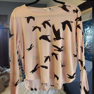 H&M Long Sleeve Pink T-Shirt with Black Birds